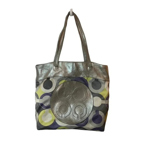 COACH 14970 Julia Op Art  Signature Lilac Silver Leather Shoulder Tote Bag - Picture 2 of 13